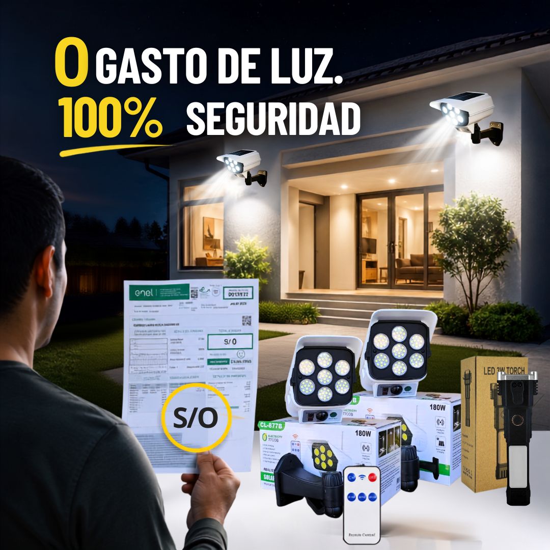 **** KIT PROTECCIÓN 360 **** 2 FOCOS SOLARES + 1 LINTERNA APRUEBA DE TODO