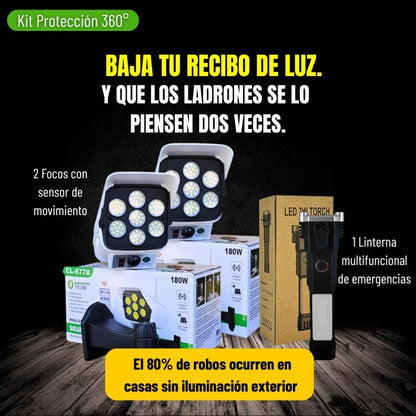 KIT PROTECCIÓN 360  2 FOCOS SOLARES + 1 LINTERNA APRUEBA DE TODO - ENVIO GRATIS